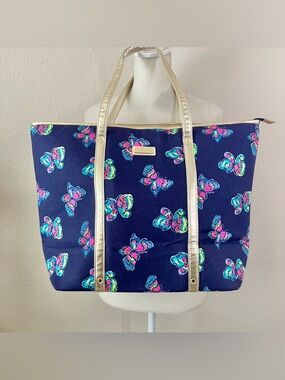 LILLY PULITZER Ive Got Butterflies Canvas Tote Gold Strap Beach Bag NEW Travel